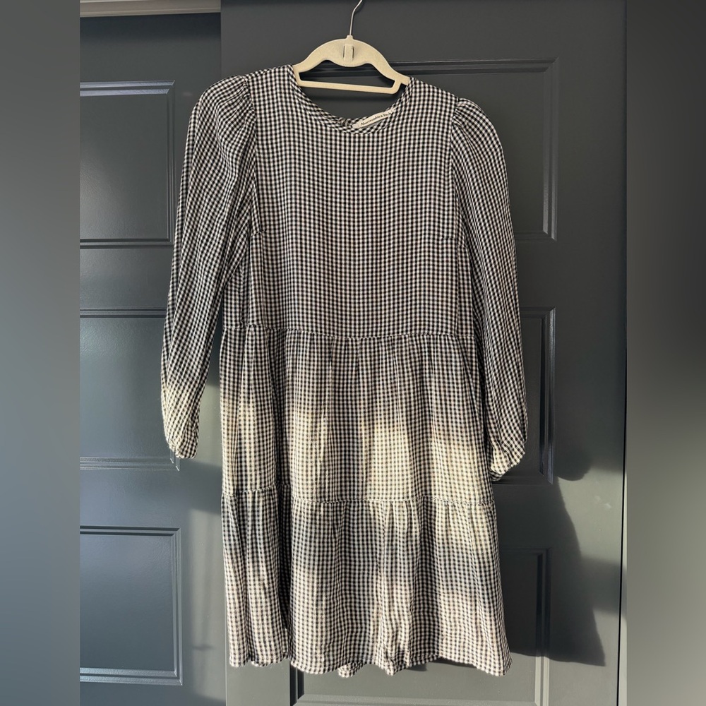 Abercrombie Gingham Tiered Long Sleeve Dress - Black & White